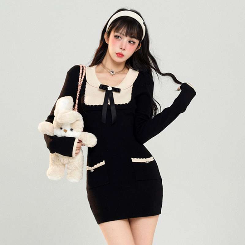 Korean Rose Bow Knitted Sweater Dress for Women Autumn and Winter Small Fragrance Style Classy Exquisite Petite Bottoming Skirt