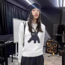 韩国小众潮牌aeae反光眼睛炸毛猫咪短款圆领针织衫水貂绒毛衣女春