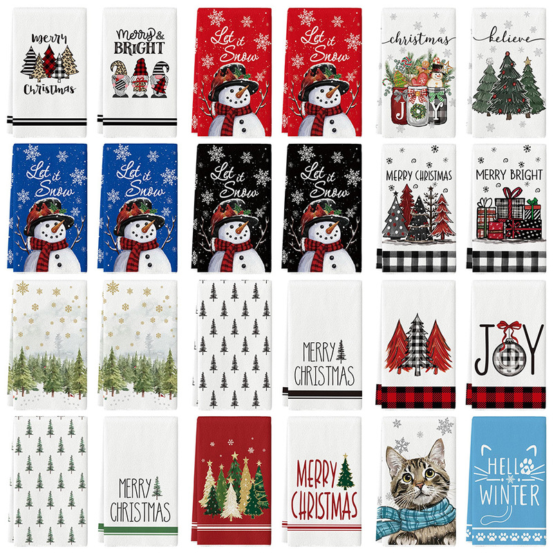 Cross-Border Temu Hot Selling Winter Christmas Pine Tree Snowman Kitchen Towel Dish Towel Farmhouse Kitchen Dish Towel