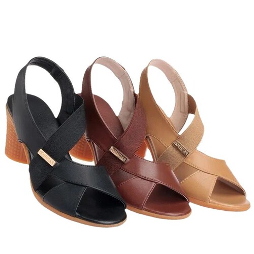 Wholesale new mid-heeled sandals for women, summer fish muzzle feet, thick heels, high heels, solid color, simple style, middle-aged and elderly mother's shoes