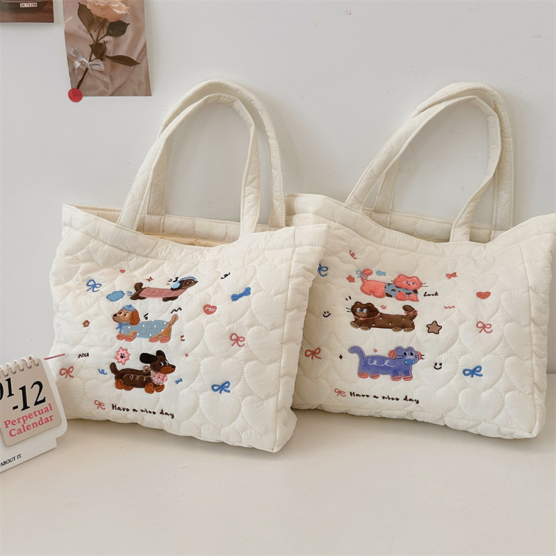 49243 Cute Kitten Embroidered Hand Bag South Korea Ins Quilted Tote Bag Women's Shopping Bag Mummy Bag