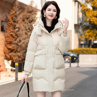 Customized Logo New Fashion Popular Long Hooded White Duck down Jacket for Women 2024 Winter New Style Big Mouth