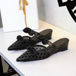 599-12 French mesh wrapped half slippers for women, versatile, shallow bow, sloping heel, pointed toe, one foot flip flo