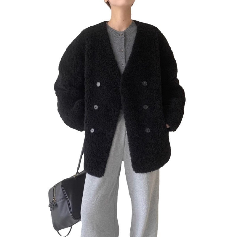 韓国風100%羊毛Vネックミドル丈粒状ベルベットコート レディース 2025冬 ラムウールファー一体型コート