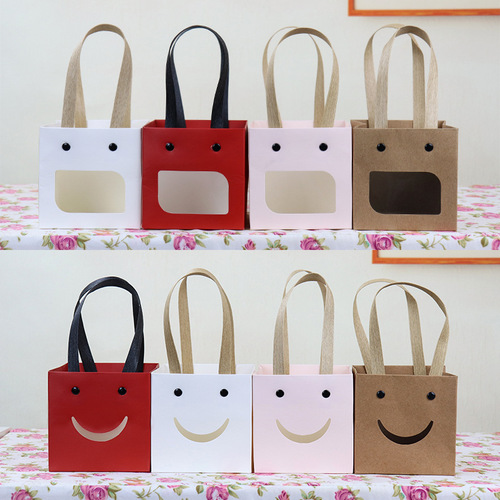 Smiling Face Windowed Kraft Paper Mini Square Gift Bags, Rivet Small Tote Bags, Flower Gift Bags
