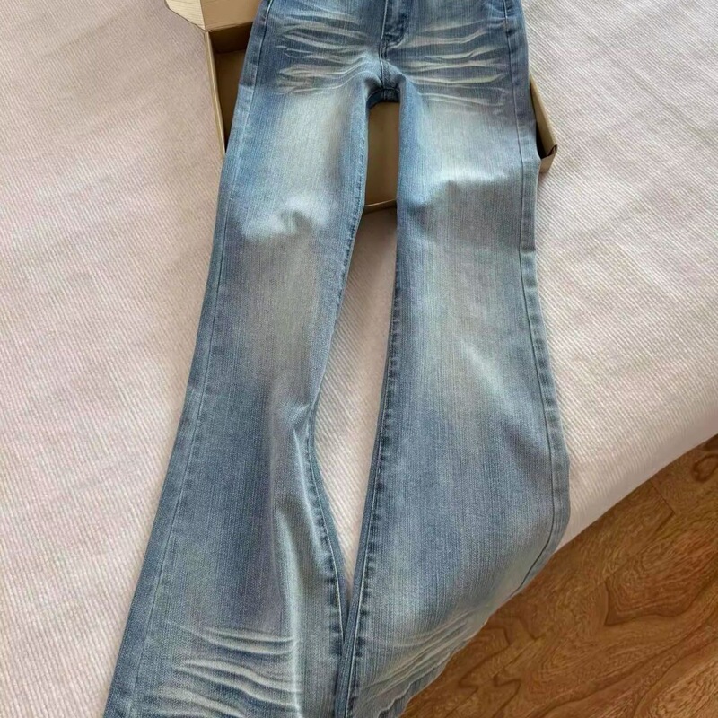 Light Blue Washed Embroidered Micro-Flare Jeans for Women, New Summer Style, Low-Waist Stretch Narrow Flare Pants