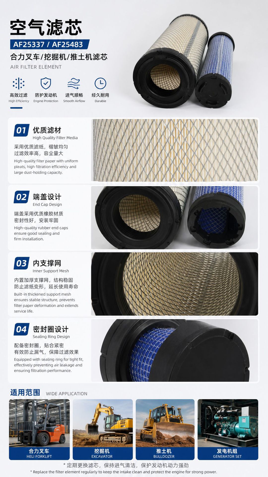 Air filter element AF25337M/AF25483 P61090 3Heli forklift air filter excavator pusher
