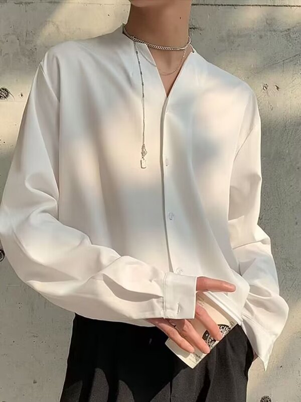 Salt Style Boyfriend Style Collarless Ice Silk Shirt Hair Stylist Ruffian Shuai High-end Wear British Yuppie Men's Suit Trendy