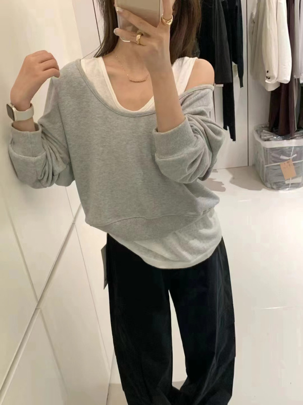 漂依婦人服秋の新作韓国風シックなゆったりとした万能着痩せ効果のあるカジュアルな大きなUネックのツーウェイプルオーバースウェットシャツ女性用|undefined