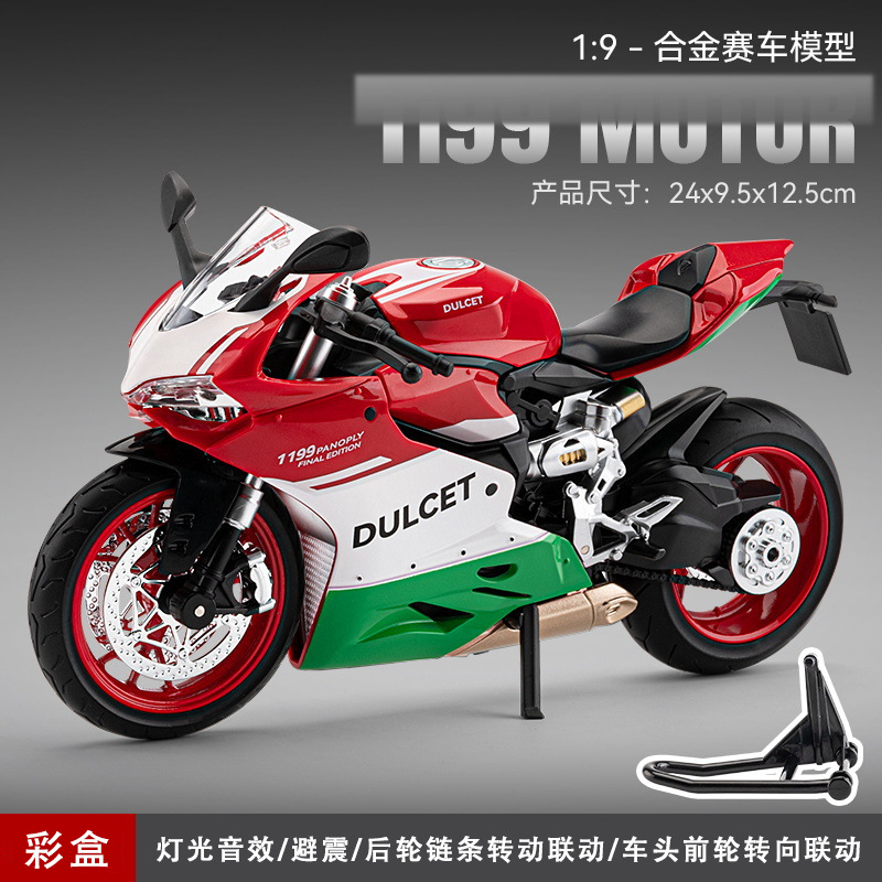 Modelo de motocicleta Ducati 1199 a escala 1:9, un coleccionable de primera categoría en la cultura de las motocicletas, con sonido y luces.