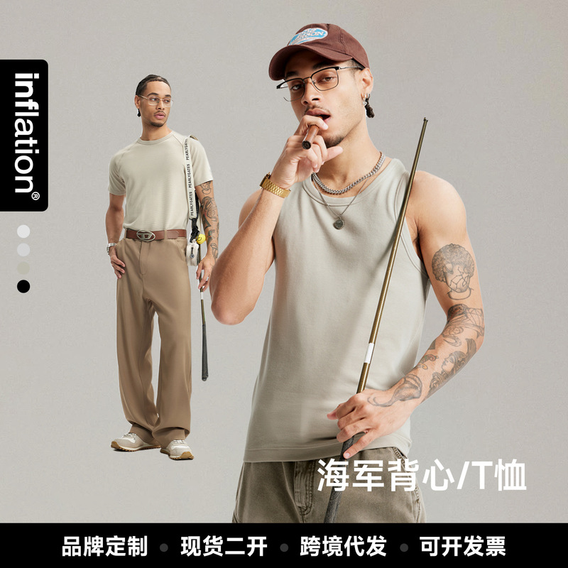 Jie Zhan Men's Clothing | 270g Elastic Tight-Fitting Navy T-Shirt Vest 2026 Spring and Summer New American Style Heavyweight Slim-Fit Short-Sleeve.