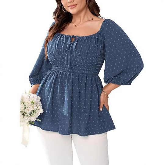 Women's Plus Size Summer Wide-brimmed Top 3/4 Sleeve Square Collar Swiss Dot Casual Puff Sleeve Doll Collar