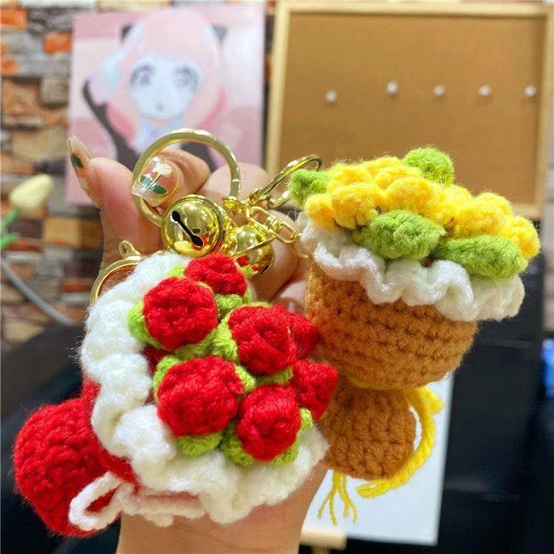 Hand-Crocheted Finished Product, Knitted Small Roses, Small Gifts for Girls on Teacher's Day, Keychains, Bag Pendants, Accessories