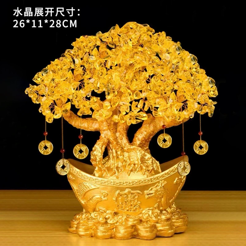 Crystal Money Tree Ornament, Citrine-Style Fortune Tree, Resin Base, 17 × 9 × 9 cm