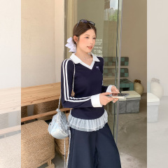 polo翻领条纹撞色长袖T恤女装早秋穿搭条纹杠内搭打底衫修身上衣