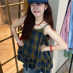 法式复古格纹无袖吊带女夏季小众别致宽松显瘦花边短裙上衣撞色