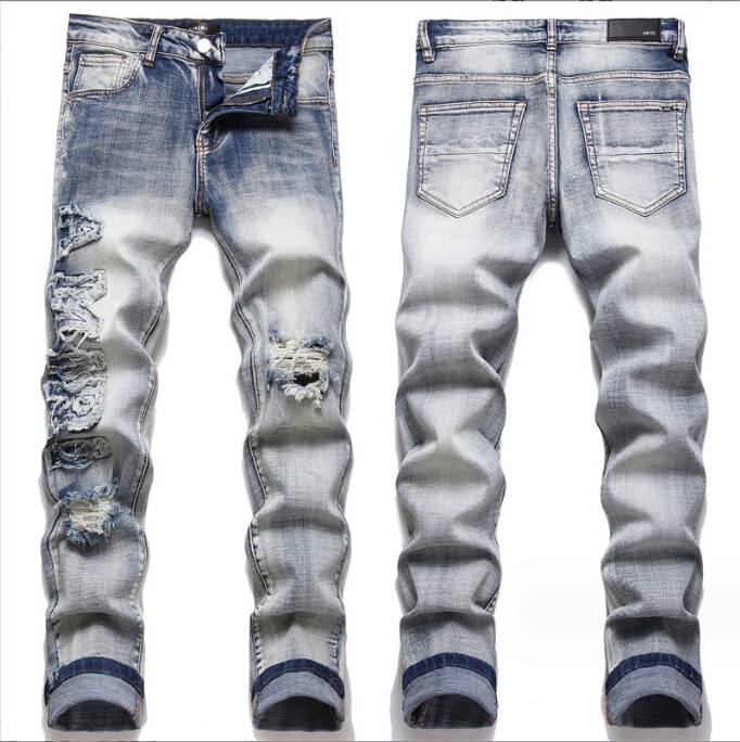 Foreign Trade Slim Stretch Four-Season Spliced Cotton Stretch Embroidered Leather Label Ripped Printed Fashion Men's European and American Jeans