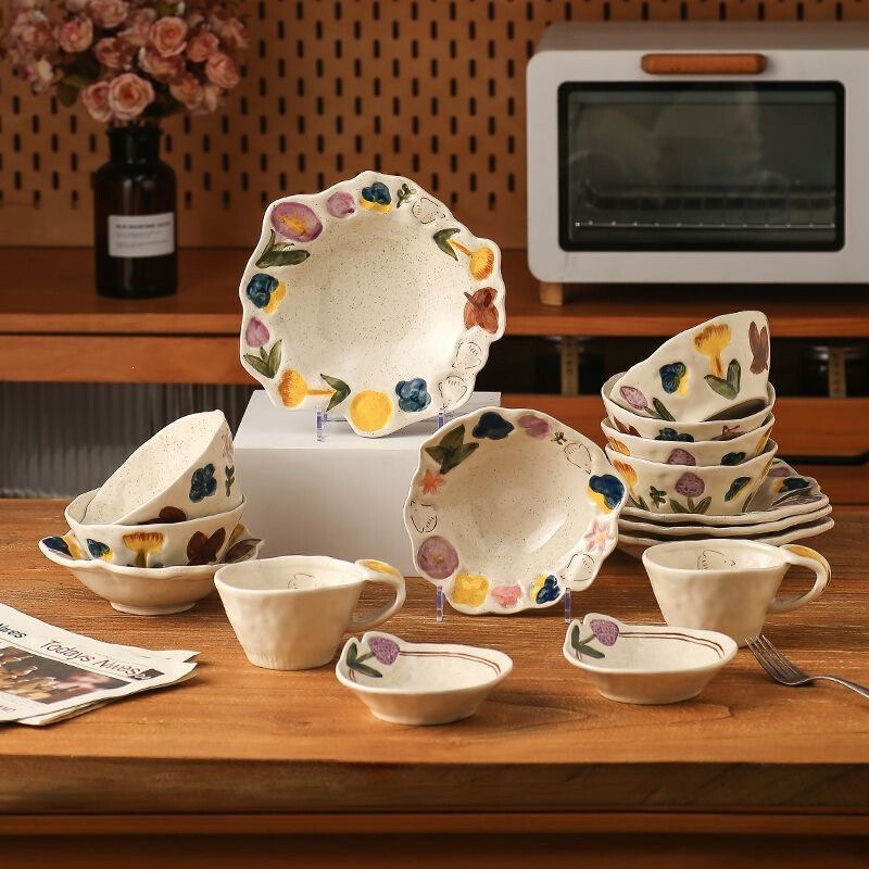 Japanese-style floral hand-painted embossed home plate set, dessert mug, water cup, ceramic tableware, beautiful bowl