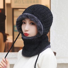 冬季男女帽子寒护耳连体针织帽户外保暖加绒风雪毛线帽雪尼尔料防