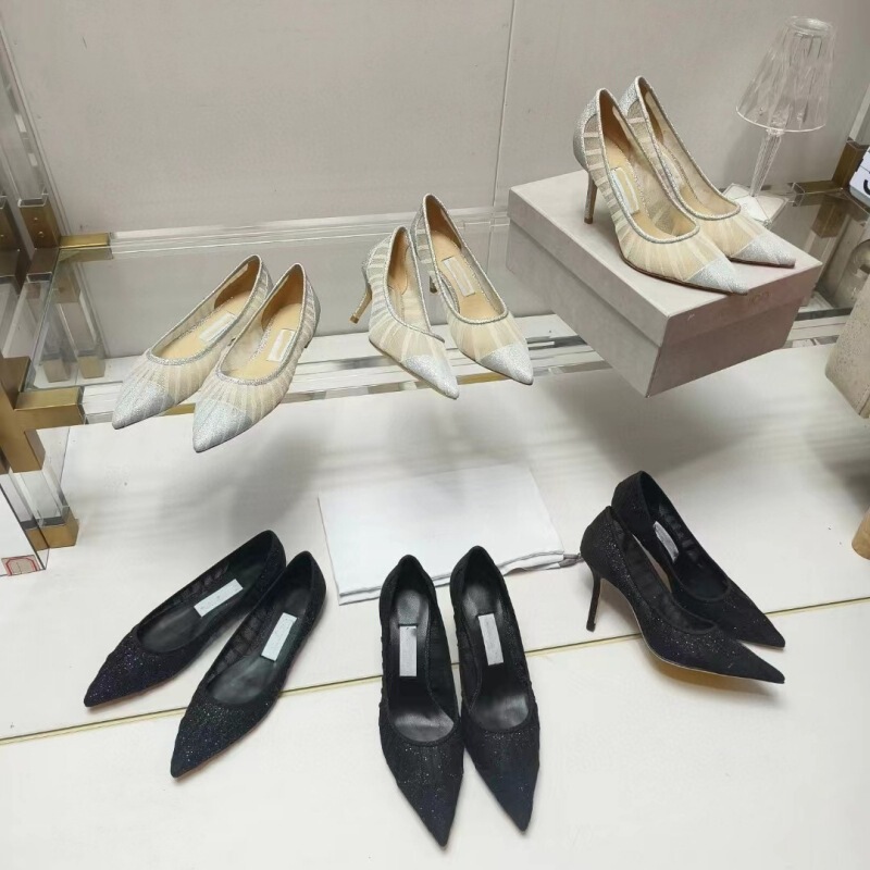 Guangzhou High Quality 2024 Spring and Summer New Jm Pointed Toe Mesh Sequin Stiletto Heels Wedding Shoes Women's Flats