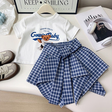 女童休闲套装夏季新款小女孩韩系短袖设计感格子半身裙裤EXB019