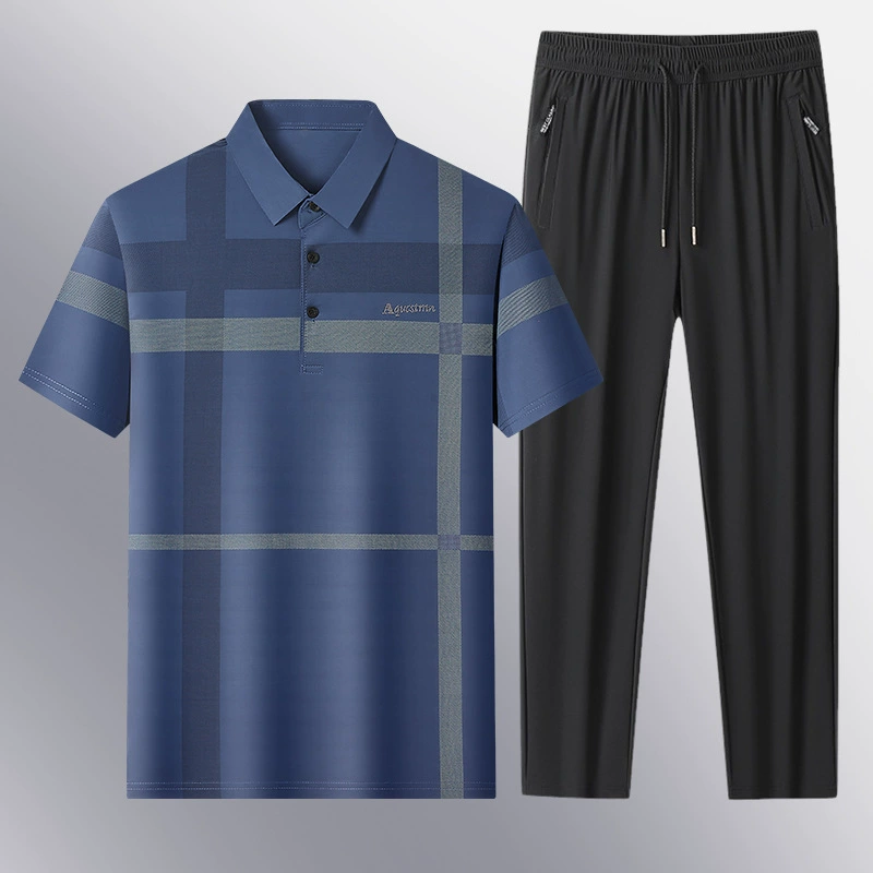 Костюмы для среднего и пожилого возраста, быстросохнущие рубашки-поло с лацканами для папы, брюки с короткими рукавами, летние повседневные костюмы из ледяного шелка из двух частей.