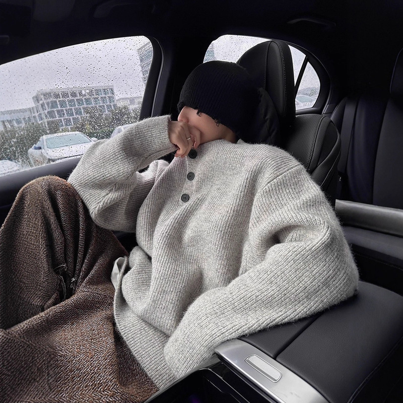 Autumn and Winter Retro Lazy Old Money Style Heavyweight Thick Loose Outerwear Inner Wear Henley Collar Sweater Knitwear Men's Trendy