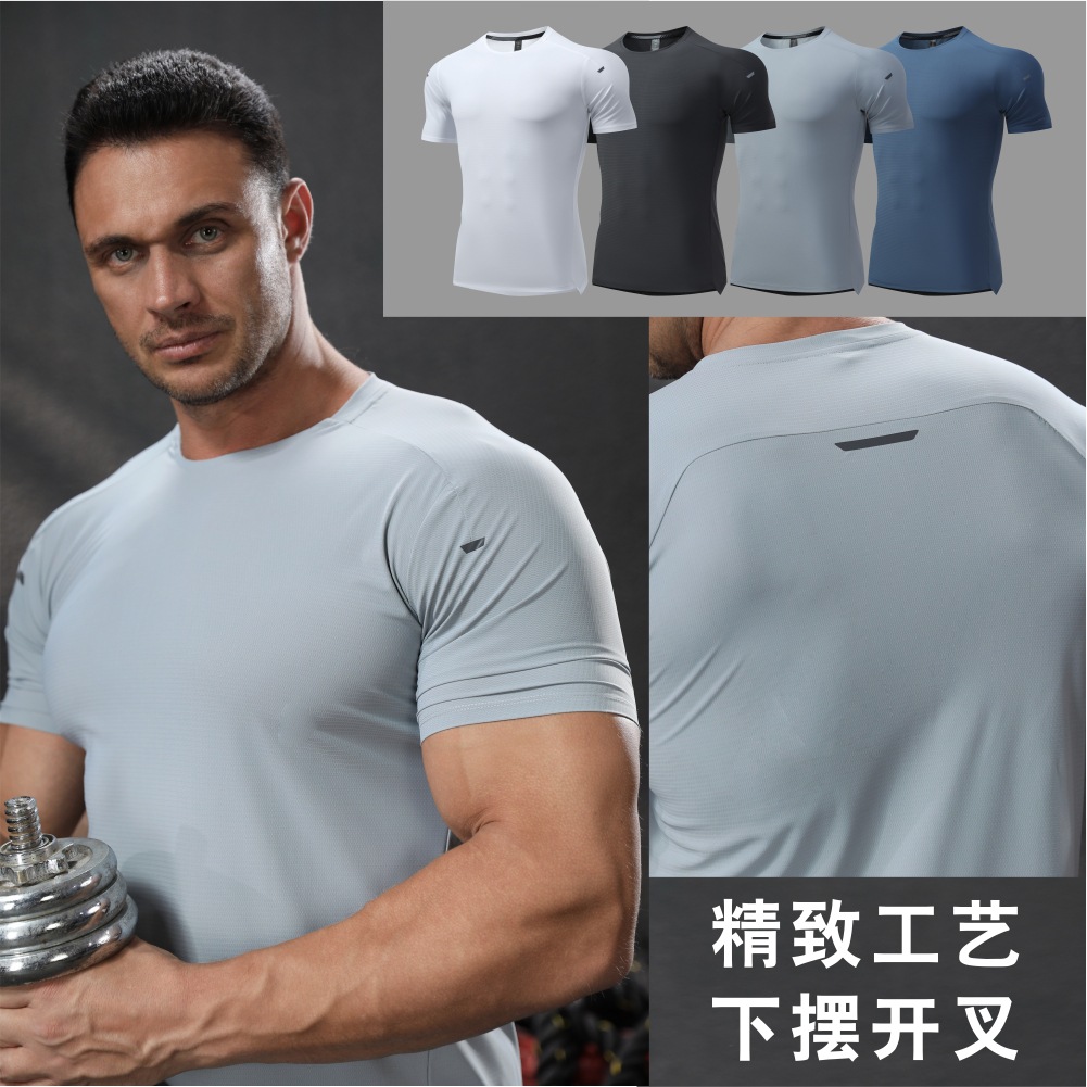 Summer European and American Sports T-Shirt Men's Short-Sleeved Round Neck Quick-Drying Top Outdoor Reflective Running Clothing Breathable Fitness Clothing
