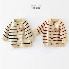 Children's knitted cardigan autumn clothing for infants and toddlers striped bear long-sleeved jacket tops for men and women baby loose Korean version