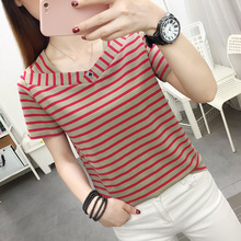 条纹短袖t恤女夏装加肥加大码宽松显瘦上衣中年妈妈百搭纯棉体恤