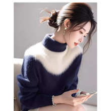 超好看蓝白撞色高领加厚毛衣女2025冬季奶呼呼软糯马海毛针织上衣