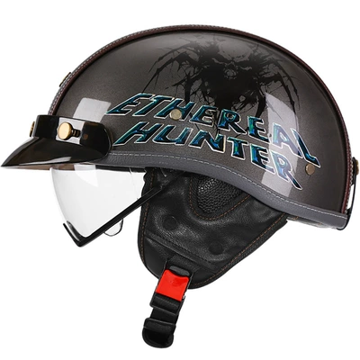 Motosiklet kaskı (dəbilqə) — 3C Certified Retro Motorcycle Helmet Leather - bright-gray-devil-hunter-transparent-m