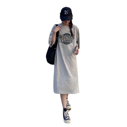 6535 cotton summer new Korean style loose letter print student slit short-sleeved mid-length dress for women INS