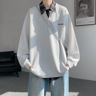 Spring 2025 new men's contrast color stitching fake two shirt collar plus size sweater a generation of hair