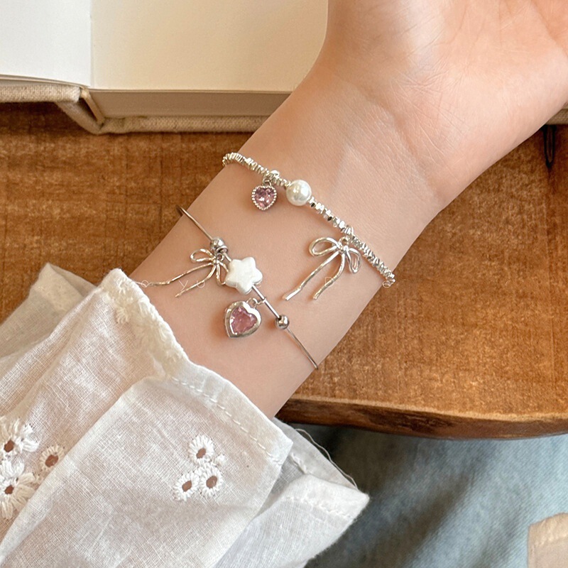 Pink Love Bow Broken Silver Bracelet Women's Light Luxury Niche Exquisite Bracelet New Sweet Style Star Bracelet
