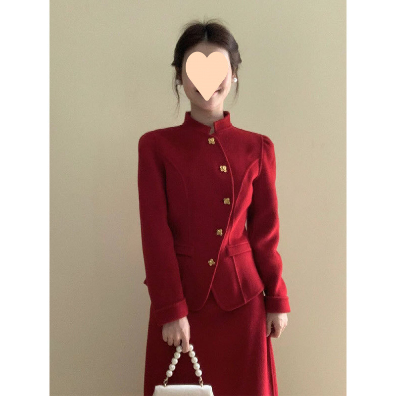 大码胖新年战袍红色敬酒服订婚套装裙女春季新中式外套半身长裙