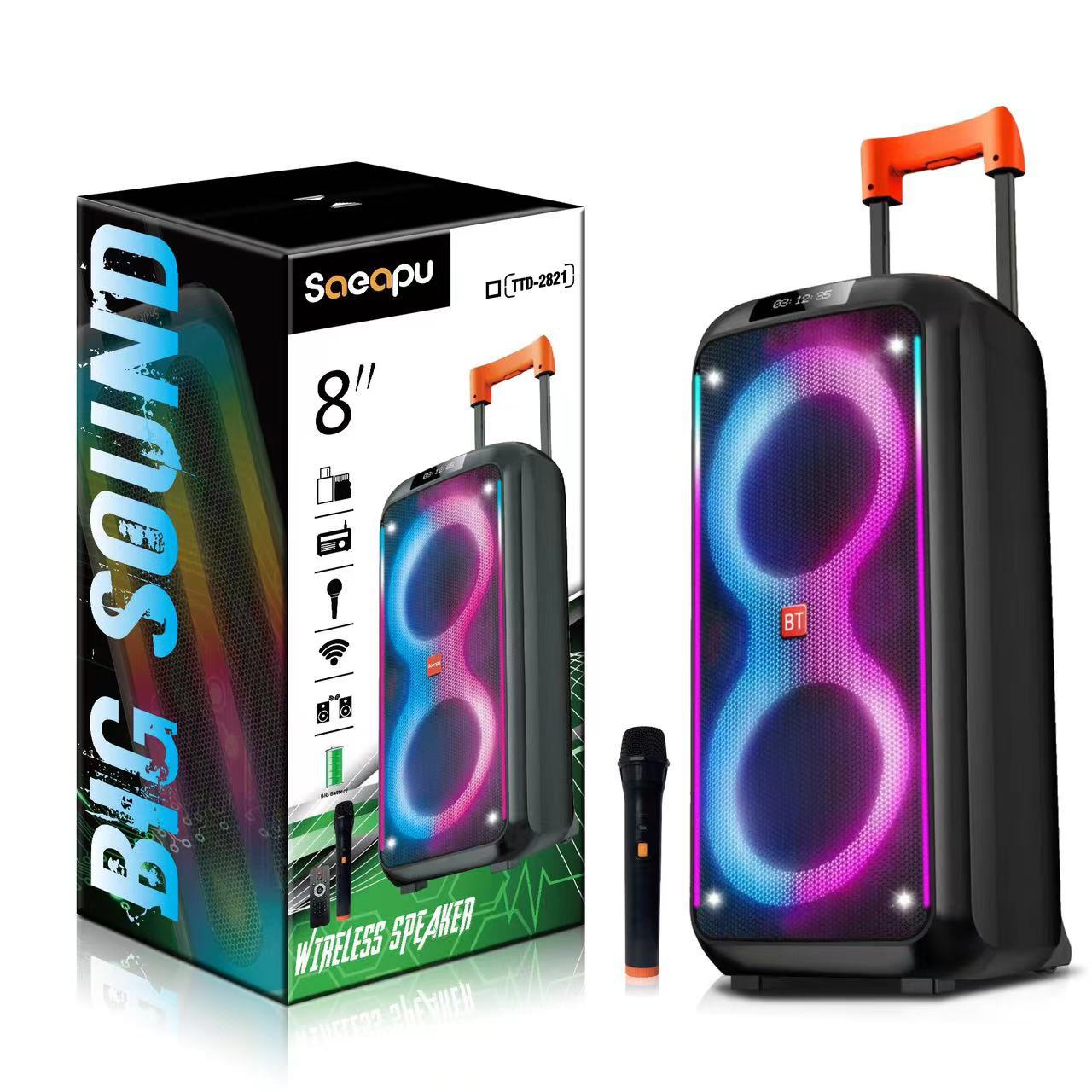 Fabricante de 8 pulgadas de alta potencia 40w altavoz Bluetooth para exteriores baile cuadrado barra de tracción altavoz doble altavoz portátil anillo de luz RGB