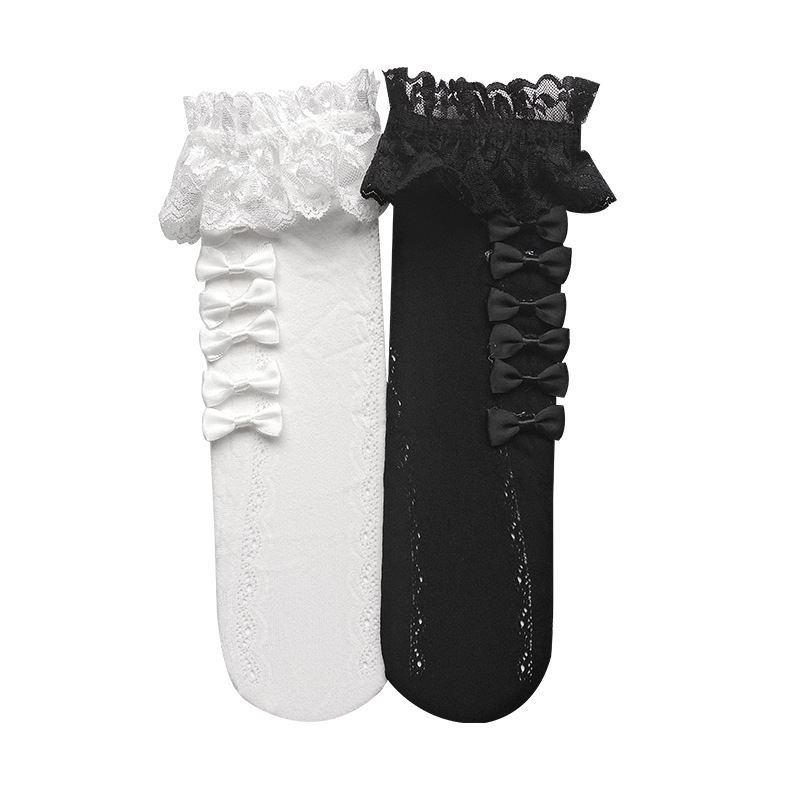 Lace summer thin knee socks with bow, mid length