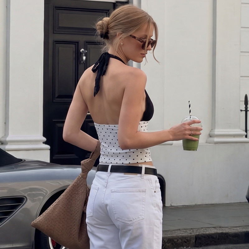 French Style Women's Color Blocked Halter Neck V Neck Vest Summer Fashionable Polka Dot Tie up Top Hot Girl_ecoleips.com