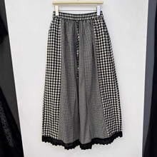 秋装新品 日系森女系复古格子松紧腰休闲百搭直筒裤女九分裤阔腿