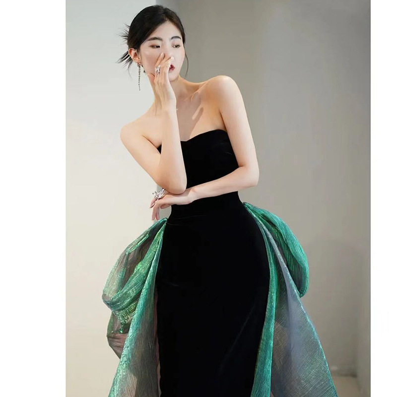 Vestido de noche negro para las mujeres 2024 nuevo banquete elegante tubo superior anfitrión elegante cola de pez largo vestido de adelgazamiento