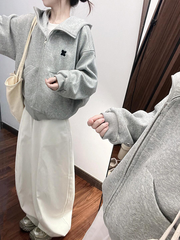 韩系高领空气层灰色连帽卫衣加厚情侣外套女春秋冬季宽边开衫上衣|undefined
