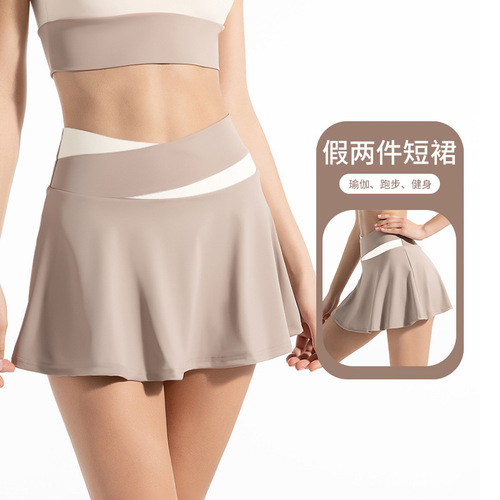 Short Plaid Stretch Bare Sensation False Two-Piece Sports Yoga Skirt for Women High-Waisted Tight Anti-Tease Quick-Dry Fitness Skirt