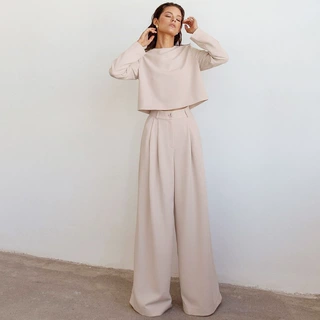 秋季新款气质通勤圆领衬衣显瘦阔腿裤女欧美休闲套装两件套2022