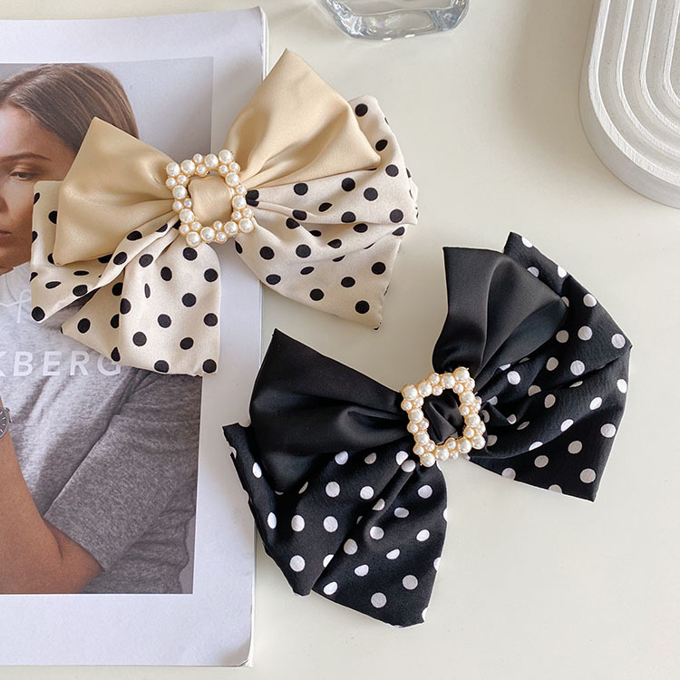 Beige, Black Color Korean Style Wave Dot Big Bow Pearl Hairpin