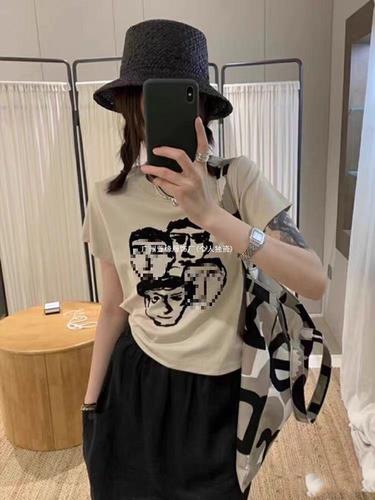 Summer stylish unique women's portrait print versatile short-sleeve top white unisex light gray black
