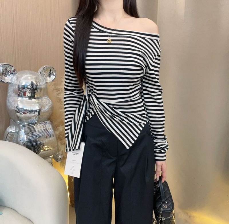 韩系条纹不规则开叉斜肩长袖T恤女装早秋季收腰设计感别致上衣潮|undefined