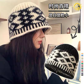 秋冬季小众复古菱形格子毛线帽子女高级感针织帽保暖防寒包头冷帽