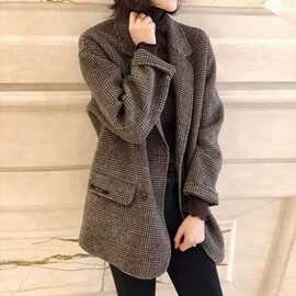 毛呢大衣女2026秋冬新款韩版宽松格子小西装羊毛呢外套女