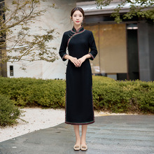 毛呢料撞色拼接中国风旗袍迎宾歌舞制服表演服来图来样加工定制